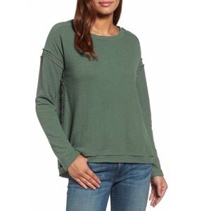 Caslon Crochet Lace Trim Cutout Pullover Top Olive Sage Green Raw Edge